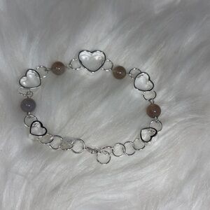 Sterling Silver Heart Link Bracelet with Grey Agates